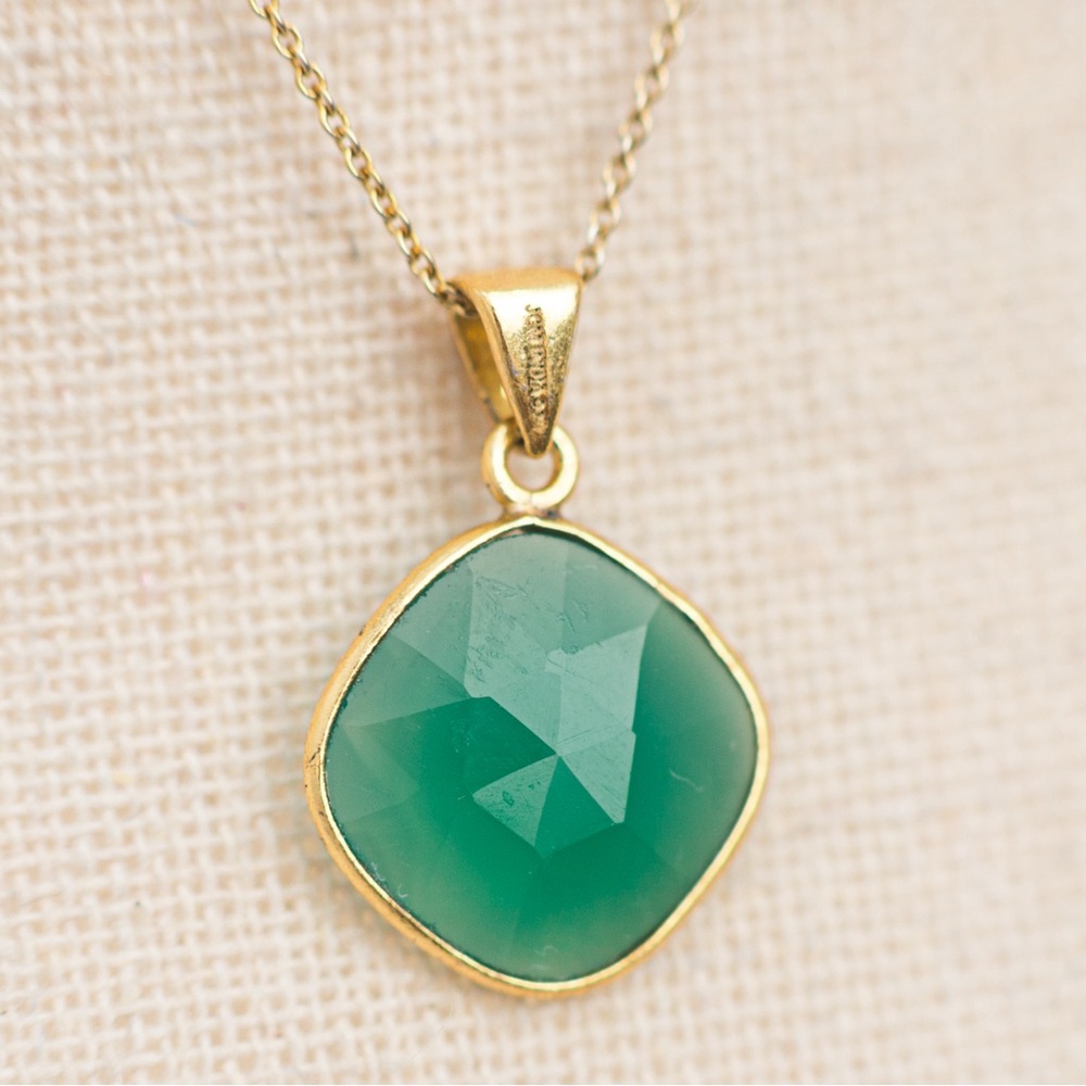 Green onyx 3.00 CTW square pendant necklace 18K yellow gold over silver